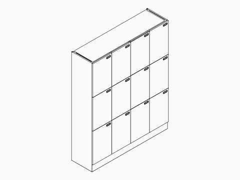 A line drawing of Port Storage System with twelve lockers with name tags.