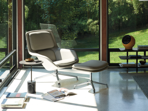 A Striad Lounge Chair and Ottoman in a living room with large windows.