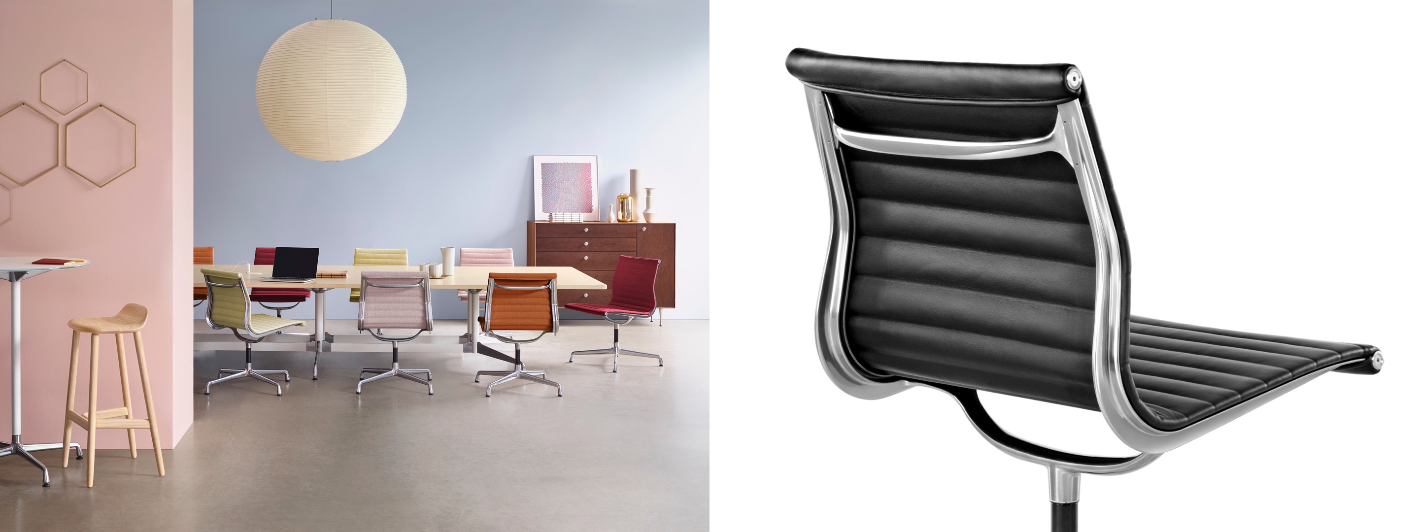 Two images. One with Eames Aluminum Group office chairs with bright fabric upholstery at a table. The other of a leather upholstered Eames Aluminum Group Chair from behind.