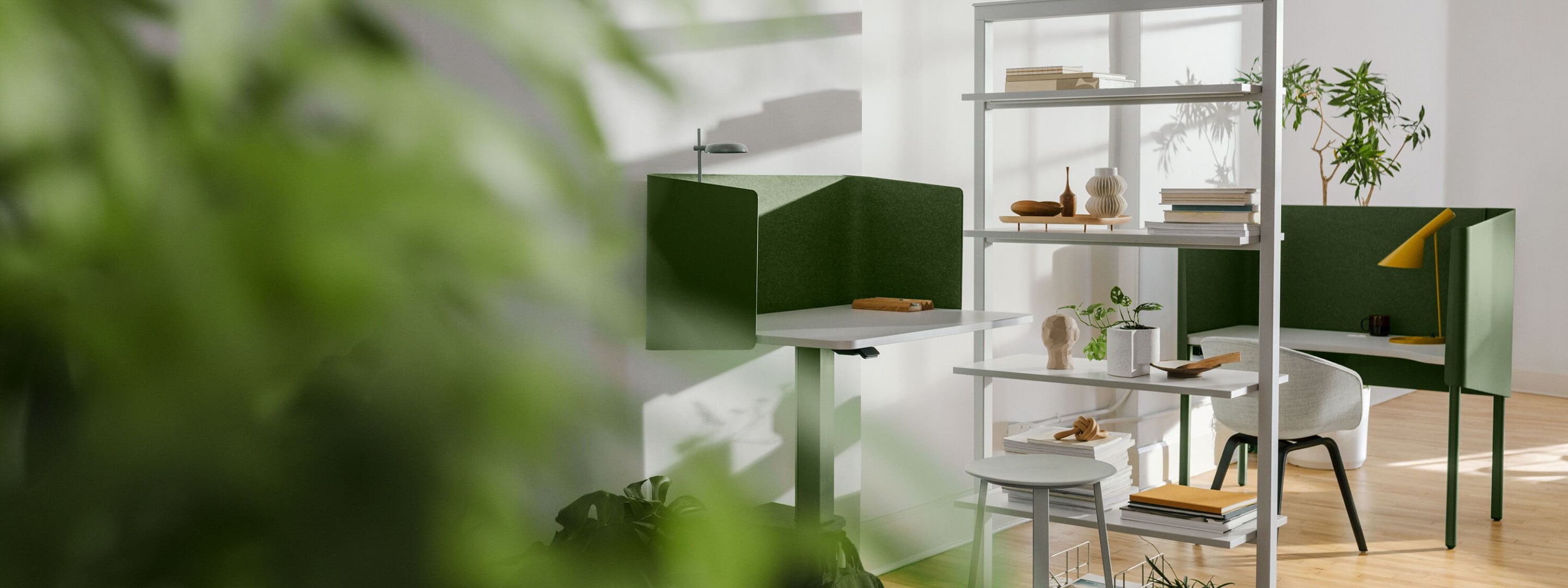 Écran OE1 Micro Pack–Simple vert avec un mur flexible OE1 gris, un ensemble complet d'étagères et un Nook OE1 vert en arrière-plan.