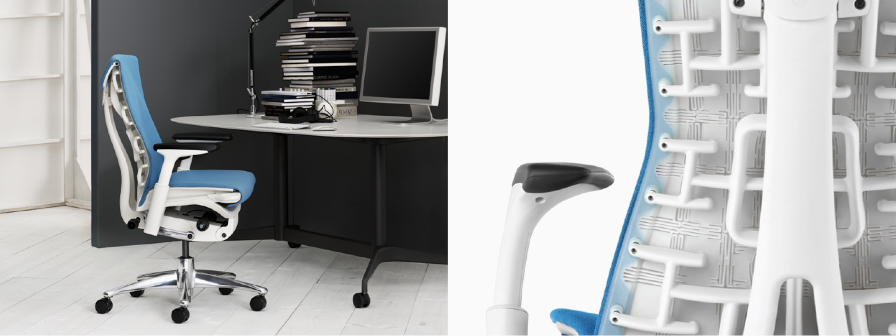 Two images of an Embody ergonomic office chair with white frame and blue upholstery, one with the chair at a desk, the other from behind.