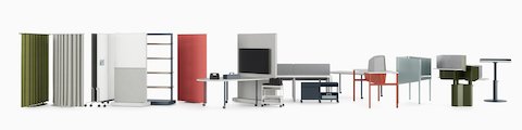 Varios productos de la colección OE1 Workspace que incluyen paredes móviles, cortinas independientes, mesas, carros de almacenamiento, pantallas para privacidad y mesas de altura regulable, con fondo blanco. Varios productos de la colección OE1 Workspace que incluyen paredes móviles, cortinas independientes, mesas, carros de almacenamiento, pantallas para privacidad y mesas de altura regulable, con fondo blanco.