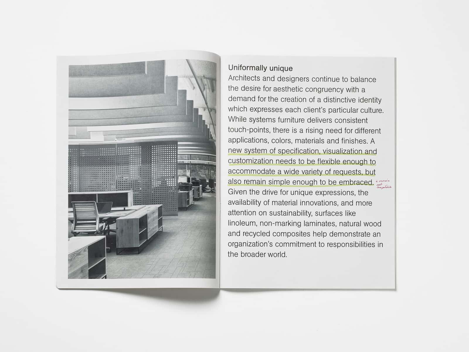 Imagen de páginas de la revista de diseño Horizon donde se presentan productos que formarían parte de la Colección espacio de trabajo OE1.
