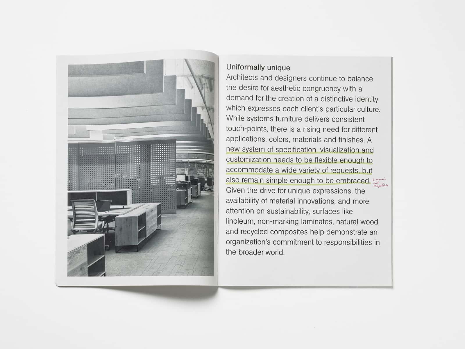 An image of pages from the Horizon design magazine featuring products that would become the OE1 Workspace Collection.