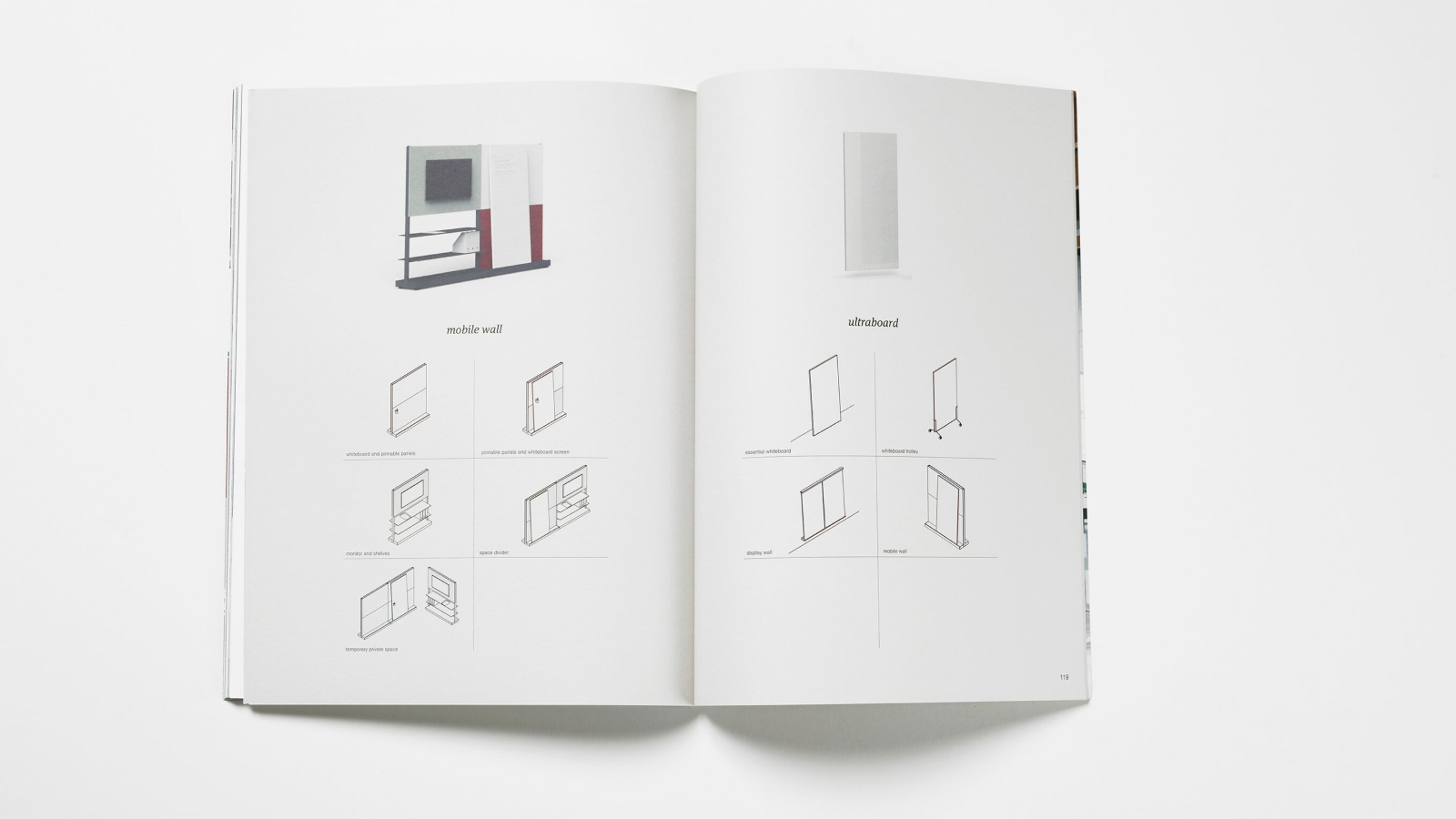 Imagen de páginas de la revista de diseño Horizon donde se presentan productos que formarían parte de la Colección espacio de trabajo OE1.