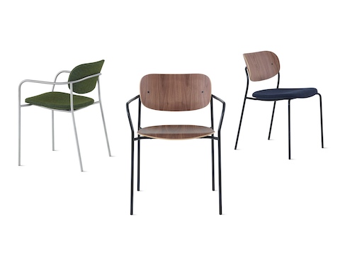 Imagem do grupo de cadeiras Portrait com vários acabamentos de assentos e estruturas.