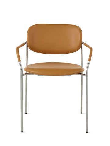 A Portrait Chair with leather seat, back and arm wraps.