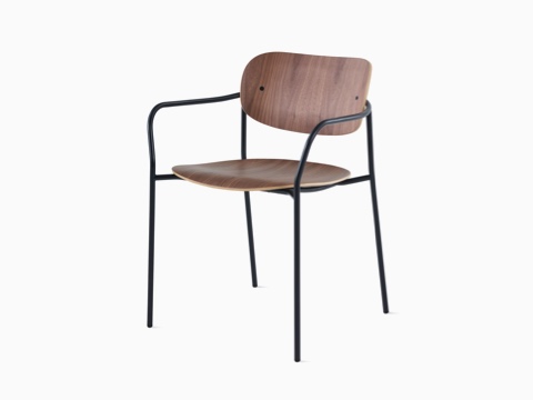 Portrait Chair with walnut seat and back and black frame with arms.