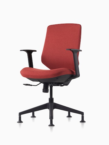 A POSH Express 2 work chair with red upholstered back, black frame, black base and glides.