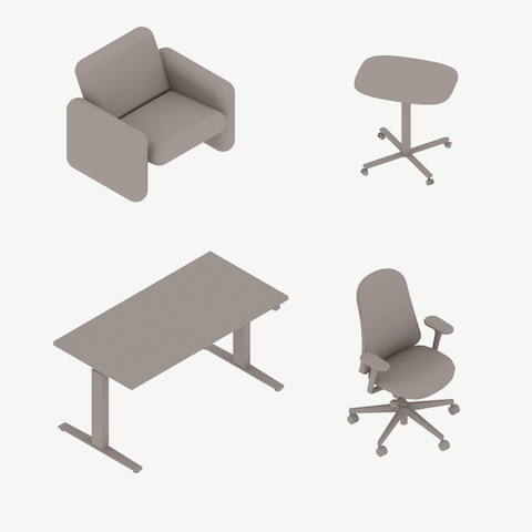 An illustration of four pieces of furniture, a Nessel Chair, a Noguchi Rudder Table, a Sit-to-Stand Table and a Lino Chair. Select to review and download product model files.