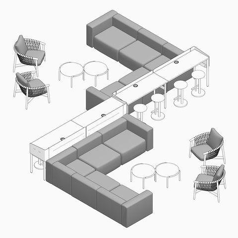 An overhead view of Mags Sofas and Crosshatch Chairs with OE1 Communal Tables and Spot Stools. Select to review and download planning idea files.