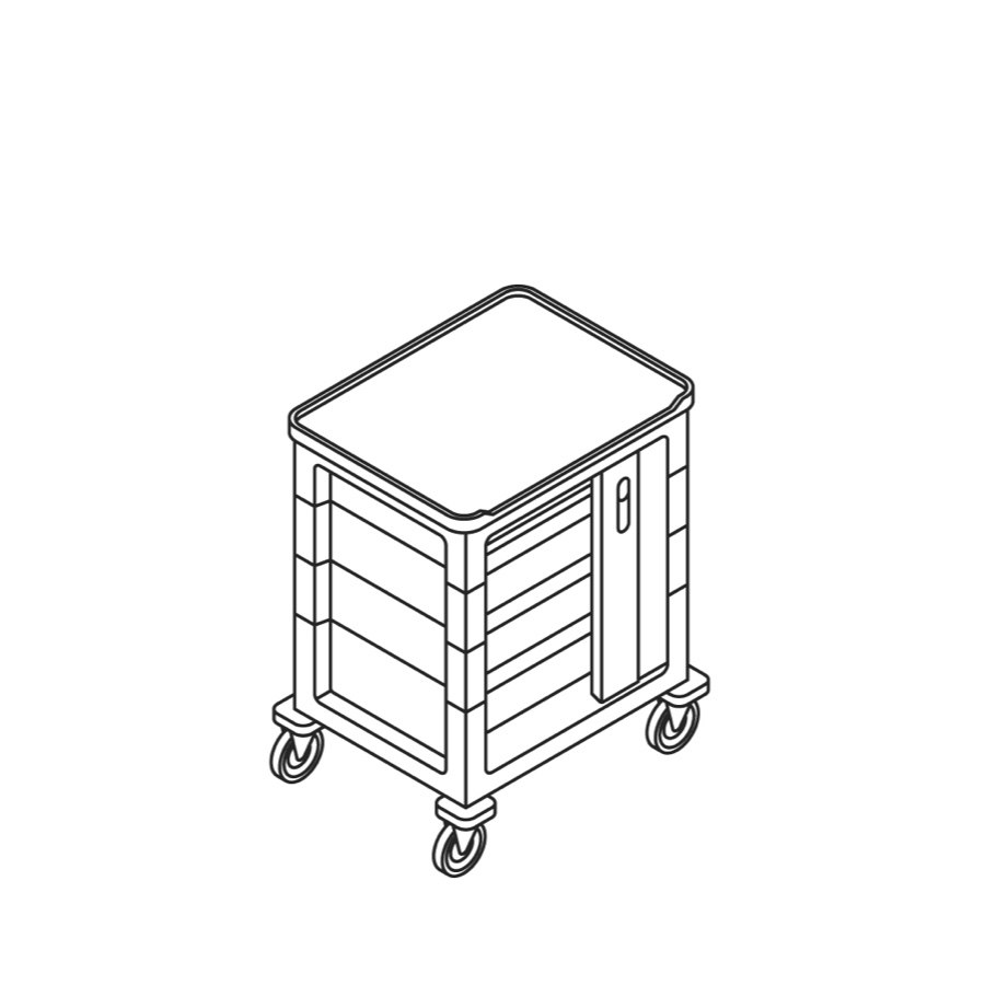 A line drawing of a single-wide supply cart with a keyless lock.