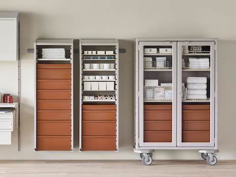 Medical clean supply room featuring a double-wide Procedure and Supply Cart with glass doors, next to a soft white Co/Struc System and lockers with terra cotta drawers.