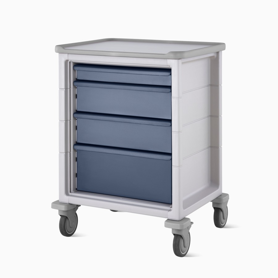 Detail of a mobile Procedure and Supply Cart in a light gray body and dark blue drawers.