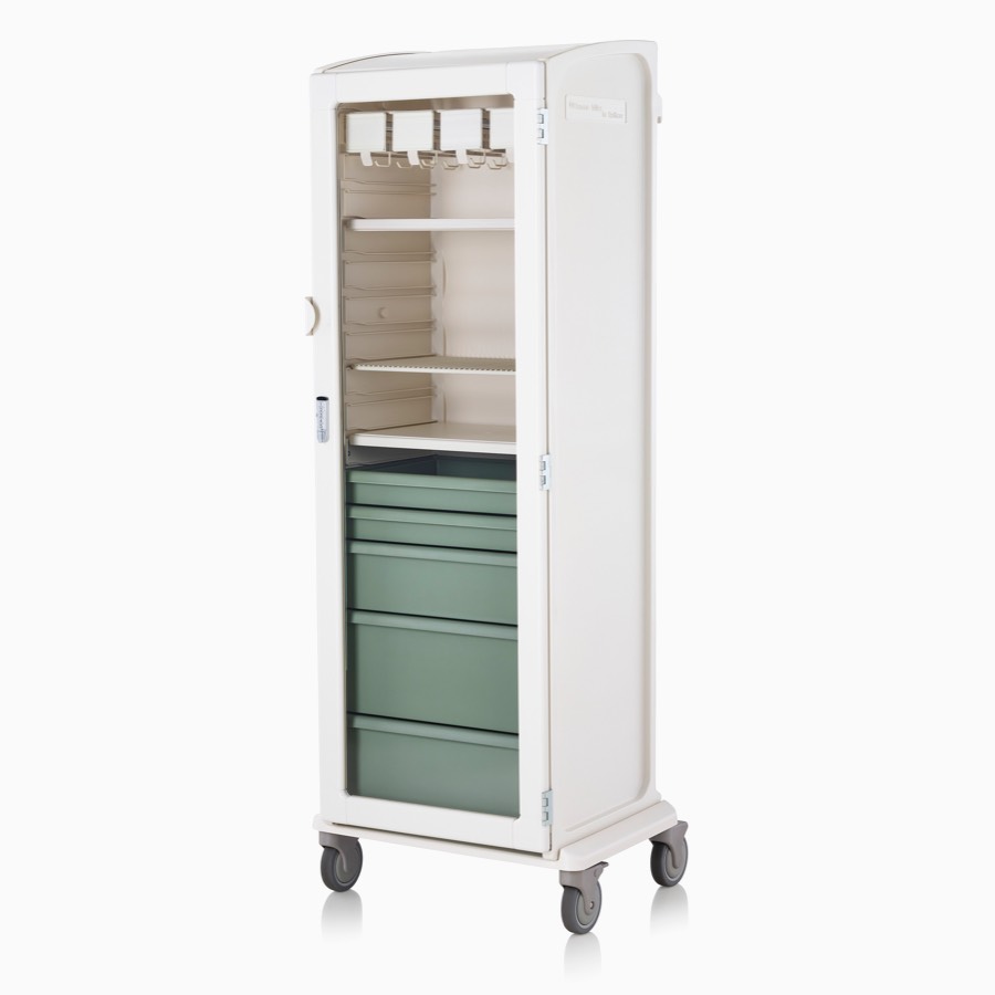 Soft white locker on wheel base with keyless lock, catheter racks, shelves, and green drawers.