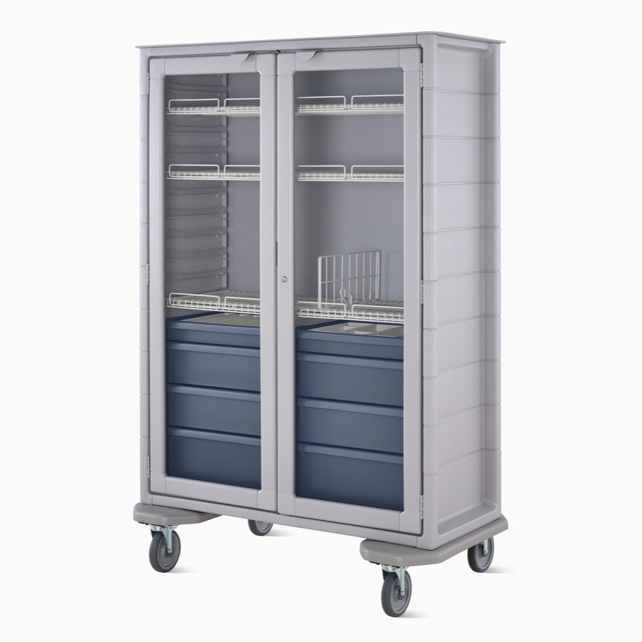 Double-wide mobile supply cart with glass doors, wire shelves, blue drawers, and subcontainers.
