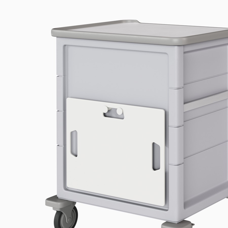 A Procedure and Supply Cart in a light gray body with an attached cardiac board on the back of the cart.