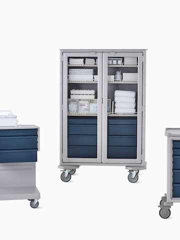 Detail of Procedure and Supply Carts' double-wide cart in light gray body with midnight blue drawers.