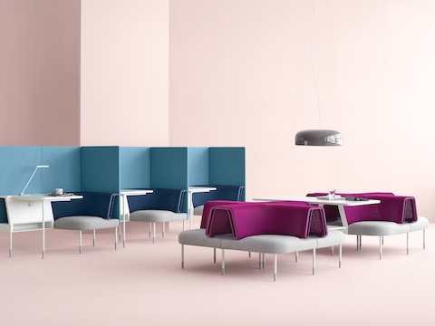 Public Office Landscape elements in blue, magenta, and grey form a collaboration zone and three solo workstations.