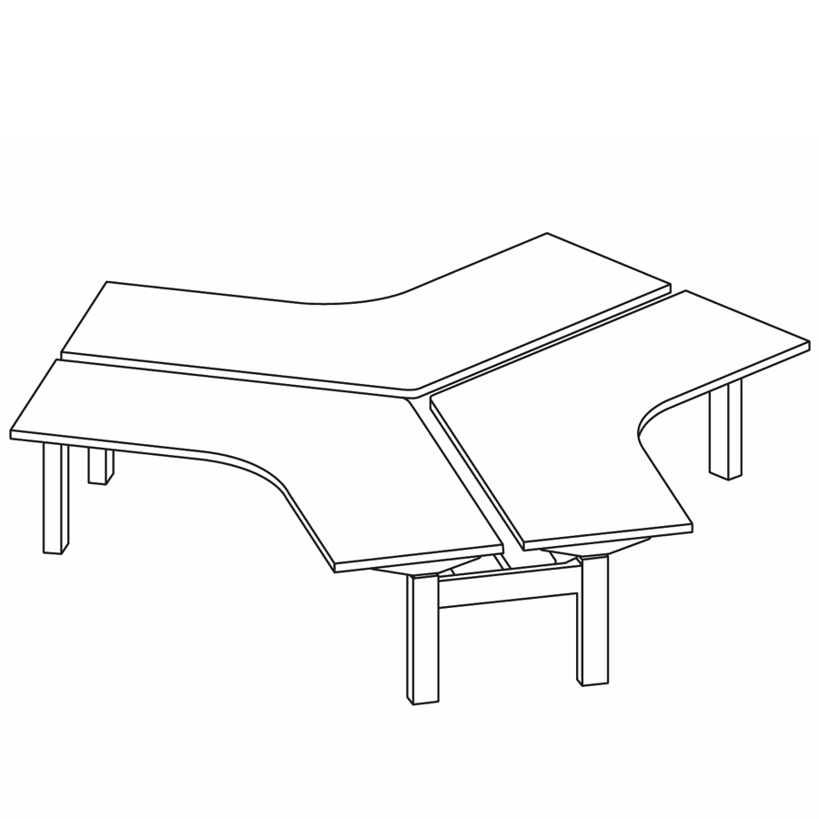 A line drawing of a Ratio 120 three-desk cluster.