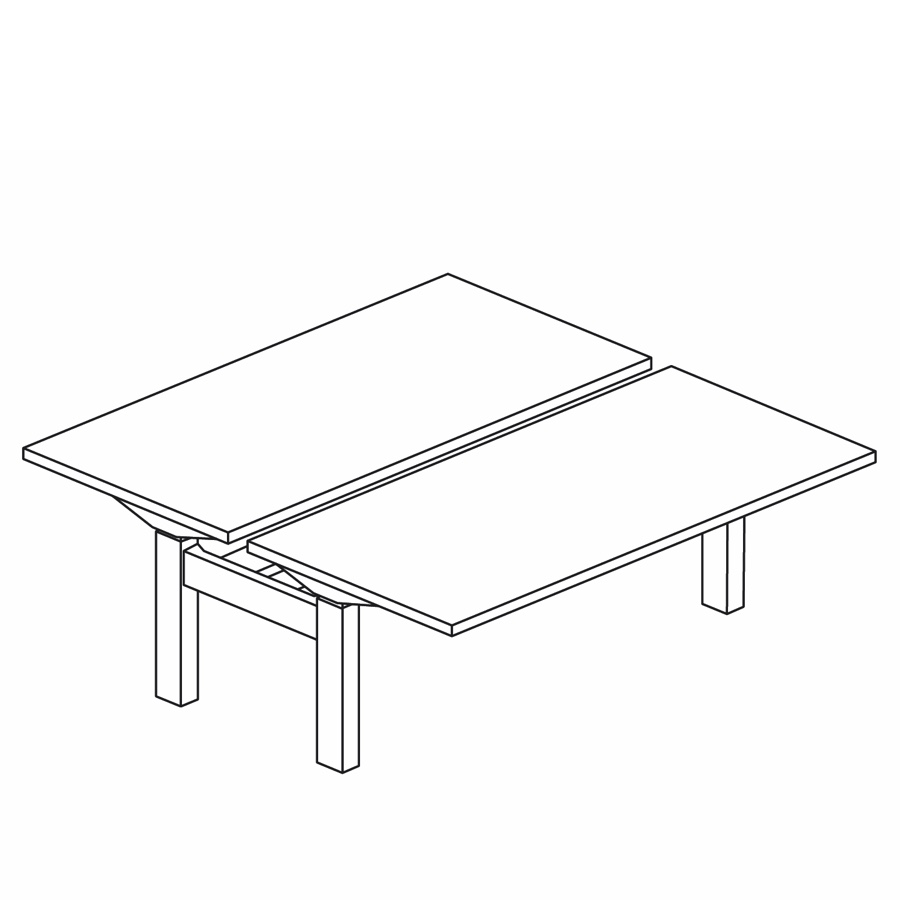 A line drawing of two back-to-back Ratio height-adjustable desks.