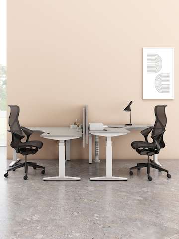都设置为坐姿高度的背靠背式Ratio办公桌，搭配黑色Cosm座椅。