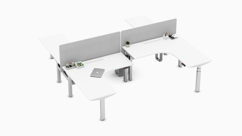 一张90度、四人型的高度可调式办公桌组合，配有灰色织物屏风和白色桌面。