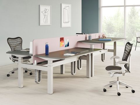 Agrupamento de quatro mesas Ratio com altura ajustável em um ambiente de escritório claro, com superfícies de trabalho cinzas, telas cor-de-rosa e cadeiras Mirra 2.