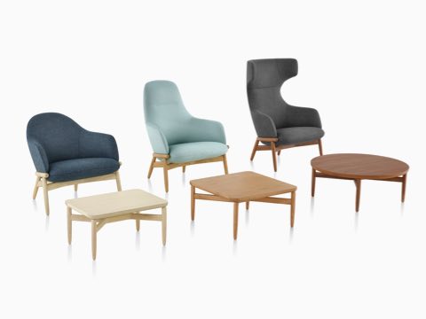 A group of Reframe Lounge Chairs with accompanying Reframe Tables.