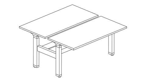A line drawing of a Renew Link standing desk system in a back-to-back rectangular bench configuration.