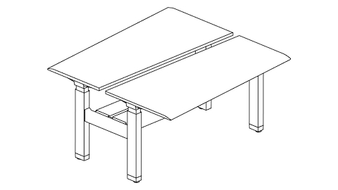 A line drawing of a Renew Link standing desk system in a back-to-back trapezoidal bench configuration.