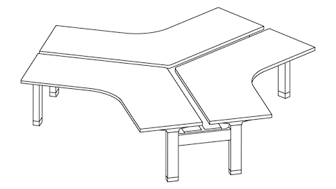 A line drawing of a Renew Link standing desk system in a 120-degree bench configuration.