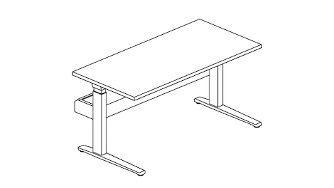 A line drawing of a Renew Link standing desk system in a single-sided rectangular bench configuration.
