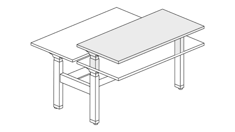 A line drawing of a Renew Link standing desk system with one desk raised to standing height.