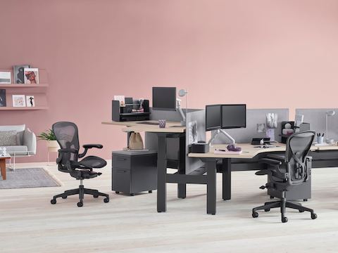 An office setting with a Renew Link standing desk system with 120-degree work surfaces, black Aeron office chairs, and Tu storage pedestals. One of the six desks is raised to standing height.