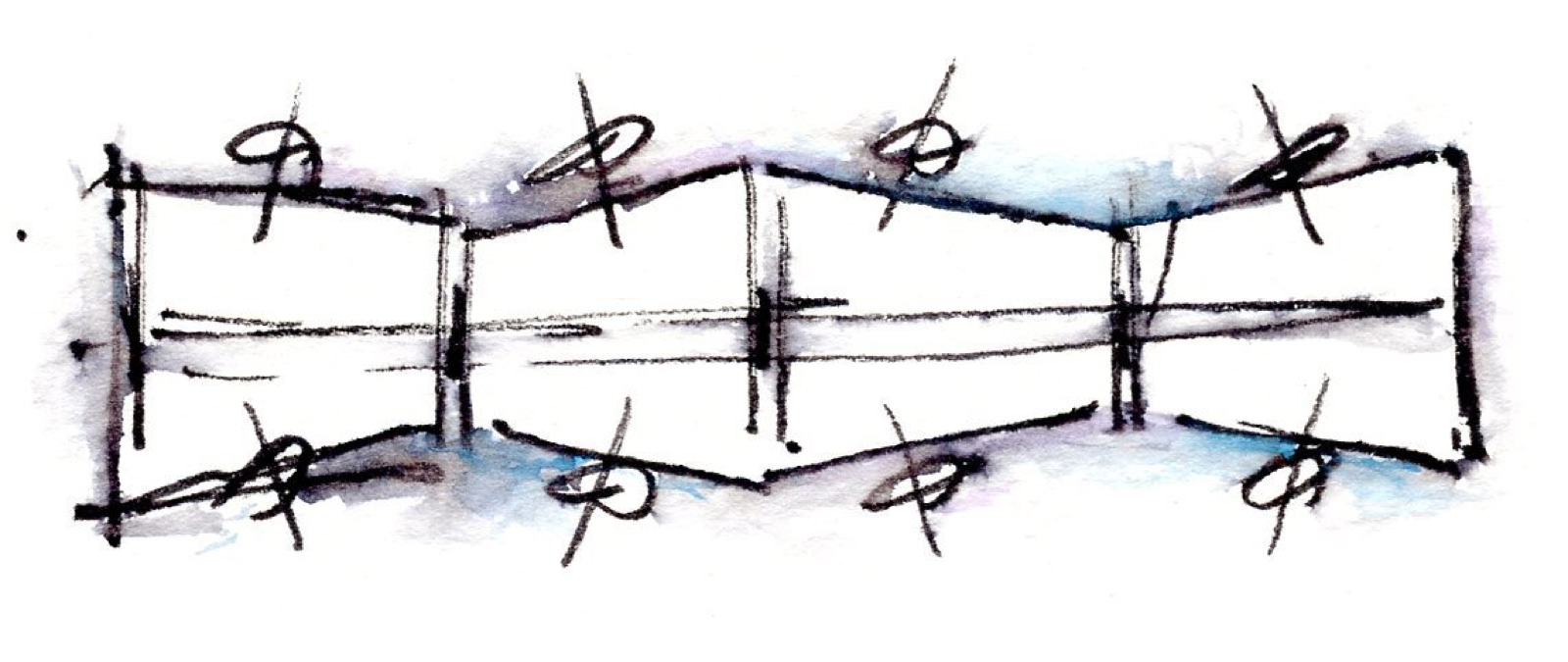 Un boceto del diseño de estación de trabajo trapezoidal del sistema de escritorios elevados Renew Link.
