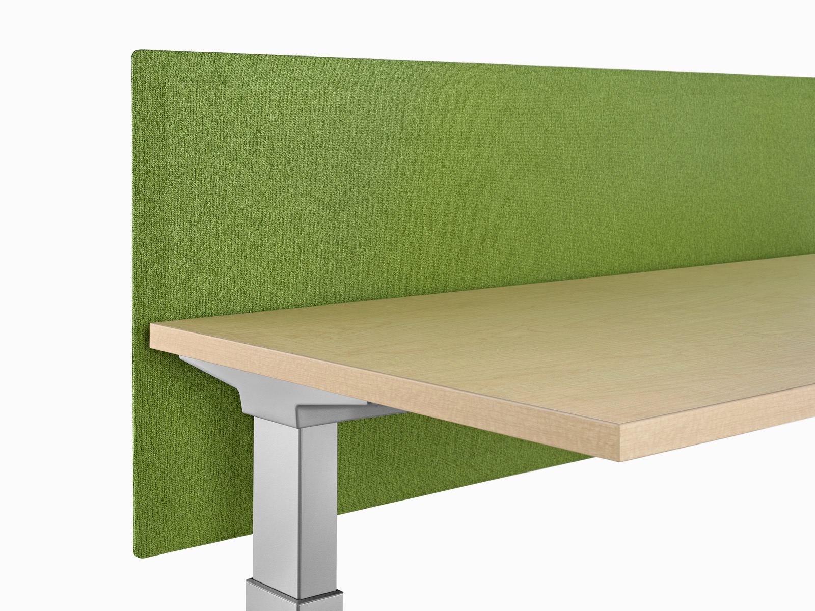 Close-up of a green fabric, Pari tapered edge, surface-attached privacy screen attached to a Renew Sit-to-Stand Table.