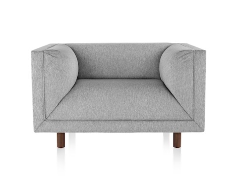 Rolled Arm Sofa Group club chair with light gray heathered upholstery and dark wood legs, viewed from the front. Rolled Arm Sofa Group club chair with light gray heathered upholstery and dark wood legs, viewed from the front.
