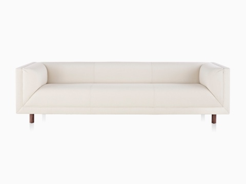 White Rolled Arm Sofa with  wood legs, viewed from the front.