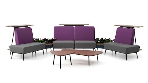 Three Sabha Collaborative Seating modules with purple backs and grey seats, each backed by a standing surface.