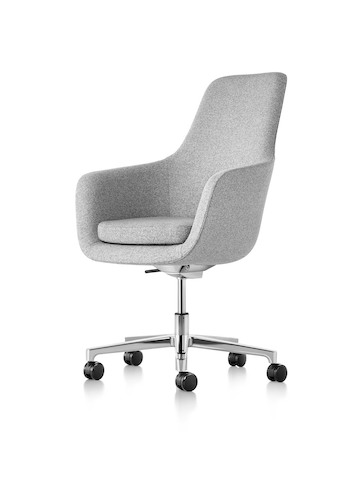 High-back Saiba executive chair in light gray fabric with a polished five-star base and casters, viewed from a 45-degree angle. High-back Saiba executive chair in light gray fabric with a polished five-star base and casters, viewed from a 45-degree angle.