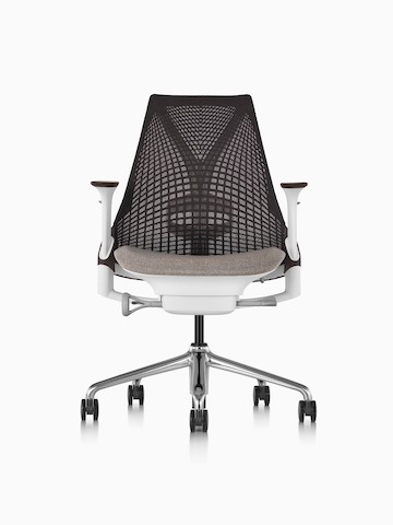 Black Sayl office chair with a suspension back and tan upholstered seat, viewed from the front.
