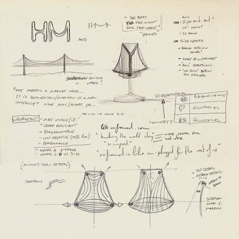 Sketches from designer Yves Béhar, showing how the Golden Gate Bridge inspired the Sayl office chair. 