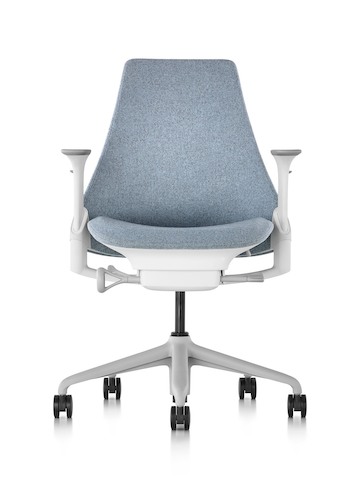Front view of a light gray Sayl office chair with an upholstered seat and back. Front view of a light gray Sayl office chair with an upholstered seat and back.
