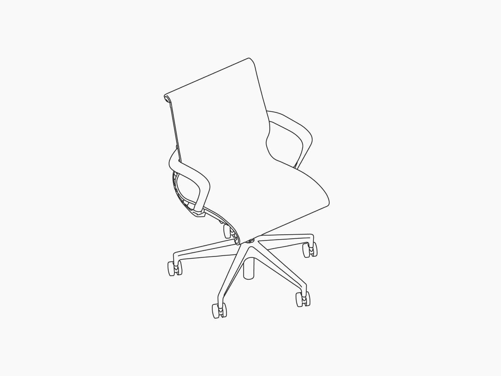 Desenho técnico em linha da cadeira Setu com braços e base de cinco pontas