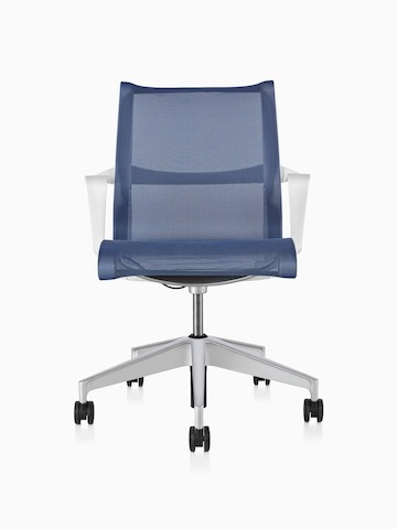 Blue Setu office chair, viewed from the front.