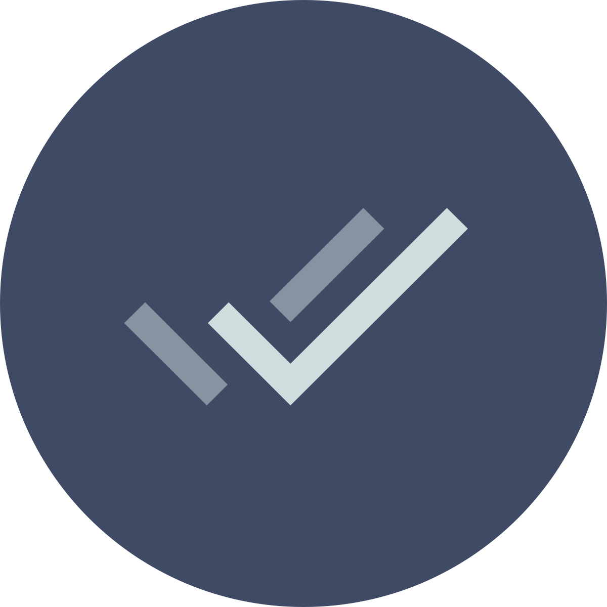 A dark blue circular icon with gray check mark in the center.