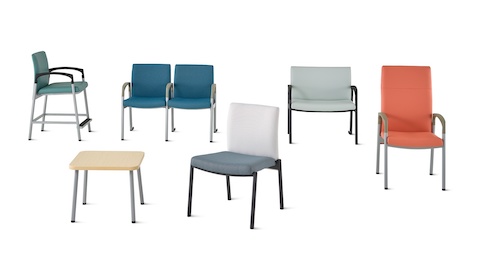 A group of Valor family including a side table, easy access chair, multiple seating, plus chair, patient chair, and stacking chair.