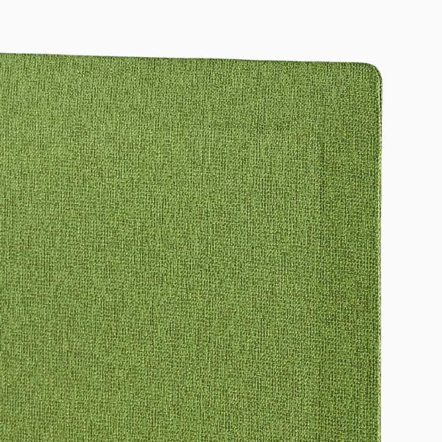 Close-up of a green fabric, Pari tapered edge, surface-attached privacy screen attached to a Renew Sit-to-Stand Table.