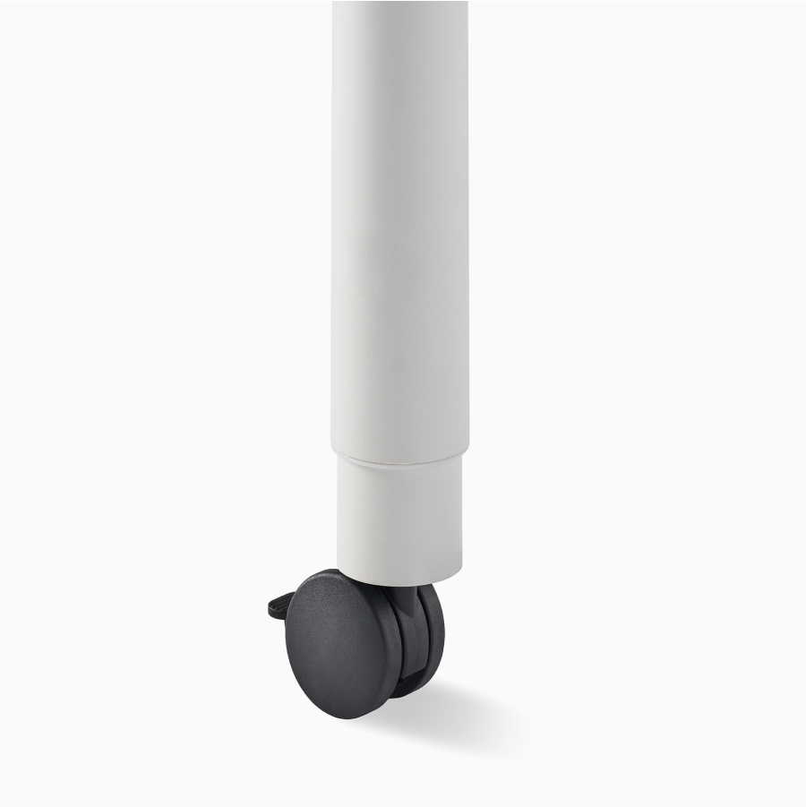 Detail of the caster base on the four leg height-adjustable table shown with a white base.